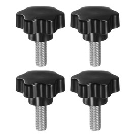 HARFINGTON 4pcs Star Knobs M12 x 30mm 304 Stainless Steel Threaded Stud 46mm Plastic 6-Star Head Hand Tightening Thumb Screw Clamping Jig Knob Handle, Black