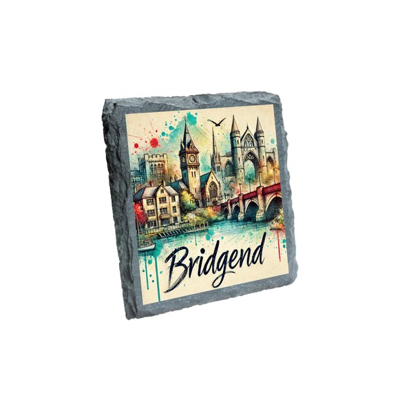 Bridgend Cityscape Slate Coaster with Watercolor Art and Historic Landmarks
