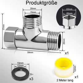 FLEXNOVA T Piece 1/2 Inch (Diameter 20 mm), Brass T-Piece 1/2 Inch T Piece Water Connection Distributor with 3 Washers and Thread Sealing Tape Shower Hose Adapter for Drinking Water Tap AGx AGx Female