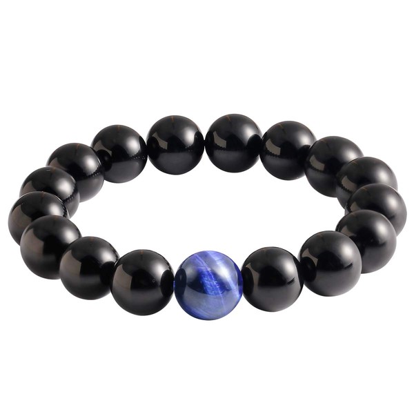 Jewever Blue Tiger Eye black obsidian Bracelet For Mens Womens 12mm beads Stone Energy Healing Crystal Unisex Stretch