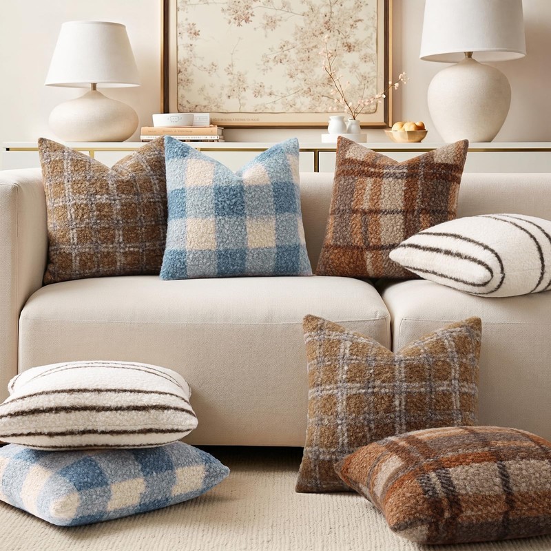 decorUhome Faux Fur Plaid Throw Pillow Covers 18X18 Set of