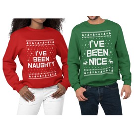 Tstars Naughty & Nice Couples Ugly Christmas Sweatshirts Funny His and Hers Xmas Matching Holiday Sweatshirt for Men Women Nice Green Large/Naughty Red Large
