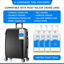 Cruise Essentials – 4 Luggage Tag Holders Carnival, Princess, MSC, NCL, Magnetic Dry Erase Whiteboard w/Markers, Cruise Compliant Travel Power Adapter, 5 Strong 80lb Magnetic Hooks for Cruise Cabins