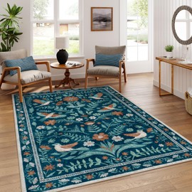 LIVEBOX LIVEBOX Washable 5x7 Area Rug, Soft Boho Dark Green Rug for Bedroom, Non-Slip Vintage Large Living Room Rug, Ultra-Thin Floral Birds Mat Non-Shedding Indoor Carpet for Dining Room Nursery, Green