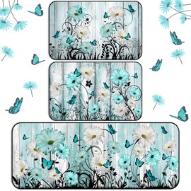 Drydiet 3 Pcs Teal Daisy Kitchen Rugs and Mats Set Farmhouse Rustic Non Slip Rug Waterproof Floor Mat Teal Butterfly Floral Decor for Kitchen Home Bar Office Bathroom Door Party Decor