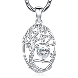 Eusense Tree of Life Birthstone Necklace Pendant Heart Necklace Tree Life Pendant Wedding Anniversary Valentine's Day Mother's Day Jewellery Gift for Women Girls, Sterling Silver, No Gemstone