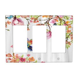 Vintage Rustic Flower Triple Rocker/Decora Wall Plates for Light Switches 3 Gang Wall Plate Farmhouse Hummingbird Butterfly GFCI Electrical Outlet Cover for Bathroom Kitchen Home Decor 6.38" x 4.49"