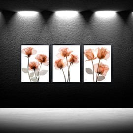 iKNOW FOTO 3-Piece Orange Rose Canvas Wall Art with Black Frame Ready to Hang X-Ray Floral Print Flower Painting for Bathroom, Living Room, Bedroom Decor, Elegant Floral Wall Decor Each Size 12x16''