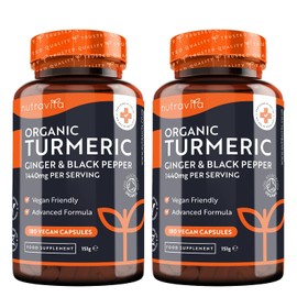 Nutravita Organic Turmeric 1440mg with Black Pepper & Ginger (2 Packs of 180)- 360 Vegan Turmeric Capsules (6 Month Supply) C High Strength Organic Turmeric with Active Ingredient Curcumin - UK Made - Nutravita