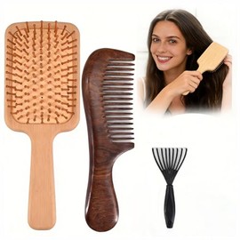 Set 3 en 1 Peines de Madera Bambu Cepillo de Masaje y Peine de Sándalo  Antiestático Y Desenredante, Incluye Garra Limpiadora, Ideal Para Masaje...   