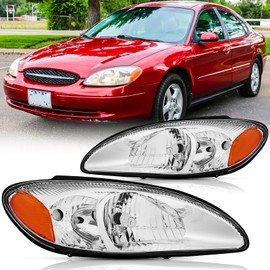 Headlights Assembly Pair Compatible with 2000-2007 Ford Taurus Direct Replacement Headlamps (LH RH),Chrome Housing Amber Reflector