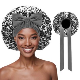 Ptrin Satin Bonnet, Double-Sided Silk Bonnets for Sleeping, Night Hairs Sleep Cap with Elastic Band,Head Cover Hat for Women Girls Long, Straight, Curly Hair for Women,Leopard Grey