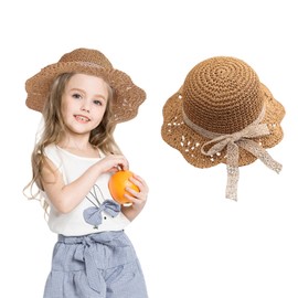 Baby Straw Hat, Girls' Summer Children's Beach Hat with Bow Foldable Sun Hat, khaki