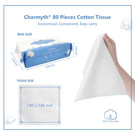 Charmyth Extra Thick Disposable Face Towel, Disposable Makeup Removing Wipes, 100% USA Cotton and 100% Organic & Cruelty Free, Lint-Free Cotton Tissues for Sensitive Skin (80 Count/Bag)