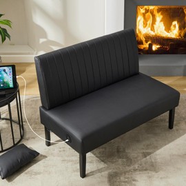 STHOUYN STHOUYN 43" W Mini Small Black Leather Couch Armless Loveseat Sofa for Bedroom with USB Port, Small Couches for Small Spaces Living Room, Apartment Office Dorm (Black)