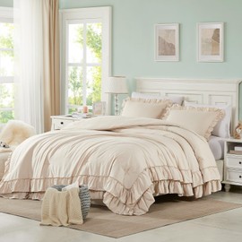 Cupocupa Beige Queen Comforter Set, 3Pcs Comforters Queen Size Ruffle Farmhouse Bedding Sets Queen with Comforter, Lightweight Soft Shabby Chic Bedding Comforter Set Fluffy for All Season