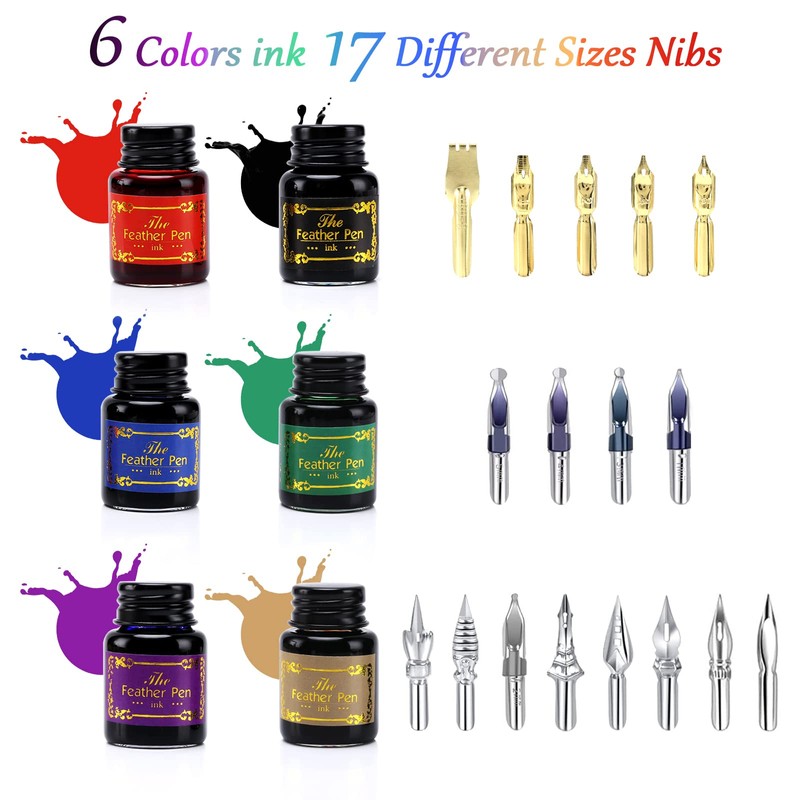 Junhartt Quill Feather Pen and Ink Set, Calligraphy Pen Glass