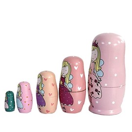 Oostifun 5pcs Cartoon Cute Handmade Russian Nesting Doll Playsets Wooden Pink Angel Nesting Dolls Stacking Dolls Collection Decoration (Pink Angel)