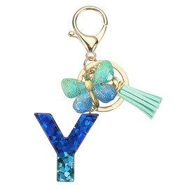 sourcing map Initial Letter Keychains, Resin Cute Butterfly Tassel Pendant Accessory for Women, Alphabet Key Ring for Purse Handbags Backpack, Teal-Y