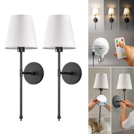 PRIDOLA Set of 2 Wireless Wall Sconces - Stick-On or Screw Mount for Easy Installation with Rechargeable LED Bulbs, Remote Controlled, Adjustable Brightness & Warmth, Living Room Wall Decor (Black)