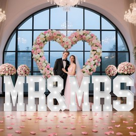 Mr and Mrs Sign Large Light Up Marquee Letters 3 Feet Tall Outdoor Wedding Shower Engagement Party Decorations Mr & Mrs Neon Just Married Decor Foam Board Backdrop with 2000 Pcs Rose Petals