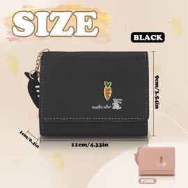 WisePoint Womens Wallet, PU Leather Small Wallet Trifold Cute Wallet with Carrot Pendant, Multiple Compartments Ladies Wallets for Dating, Shopping, Travel (Black)