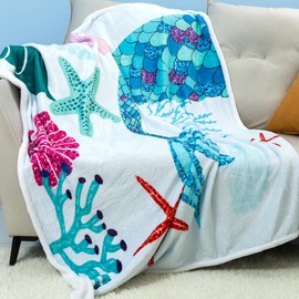 Jurllyshe Mermaid Throw Blanket Super Soft & Fuzzy Ocean Theme Blanket Cute Plush Fleece Mermaid Tail Blanket Gifts Blanket for Women Girls Everyday Use (Mermaid-6)