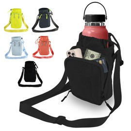 Insulated Water Bottle Holder with Adjustable Strap & Pocket, Fits 16oz, 24oz, 32oz, 40oz Tumbler, Durable Water-Resistant Carrier Sling Bag for Hiking, Camping, Gym, Travel Use (Black)