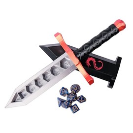 3D BEST-Q Dice Sword Holder (Dragon-Patterned 7PCS D20 Dice Set Included), Custom Polyhedral Dice Storage for Tabletop RPG - Dungeons and Dragons - DND - D&D (Red&Gold)