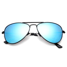 COASION Classic Polarized Small Aviator Sunglasses for Kids Baby Girls Boys Age 2-10 50MM (Black Frame/Blue Mirror Lens)