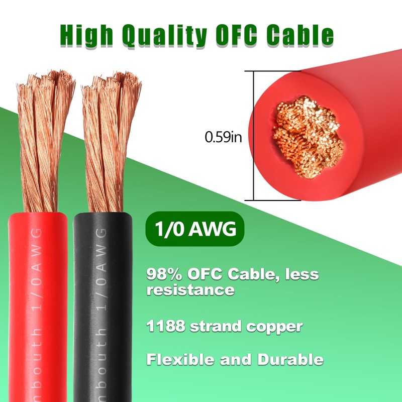 Kimbluth 1/0 Gauge Battery Cable Copper Wire, 5FT Red+5FT Black