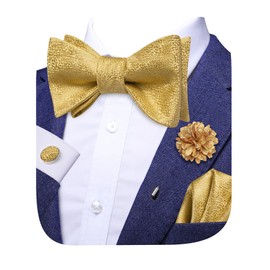 Hi-Tie Silk Gold Selftied Bowties Lapel Pin Set Golden Formal Bow Ties Pocket Square Cufflinks Sets for Wedding Tuxedo
