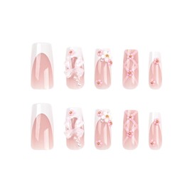 COCDLAN Press on Nails Long Pink Fake Nails Square Bling Glossy 3D Flower False Nails Stick on Nails for Women Girls Manicure Decorations 24Pcs