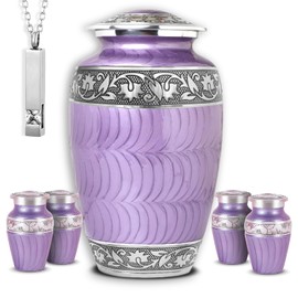 AmericUrn Set of 6 Funeral & Cremation Urn for Ashes for Women with 1 Large Purple Patch Decorative Urns for Human Ashes Adult Female, 4 Small Keepsakes and 1 NecklaceUrn - Handcrafted in India