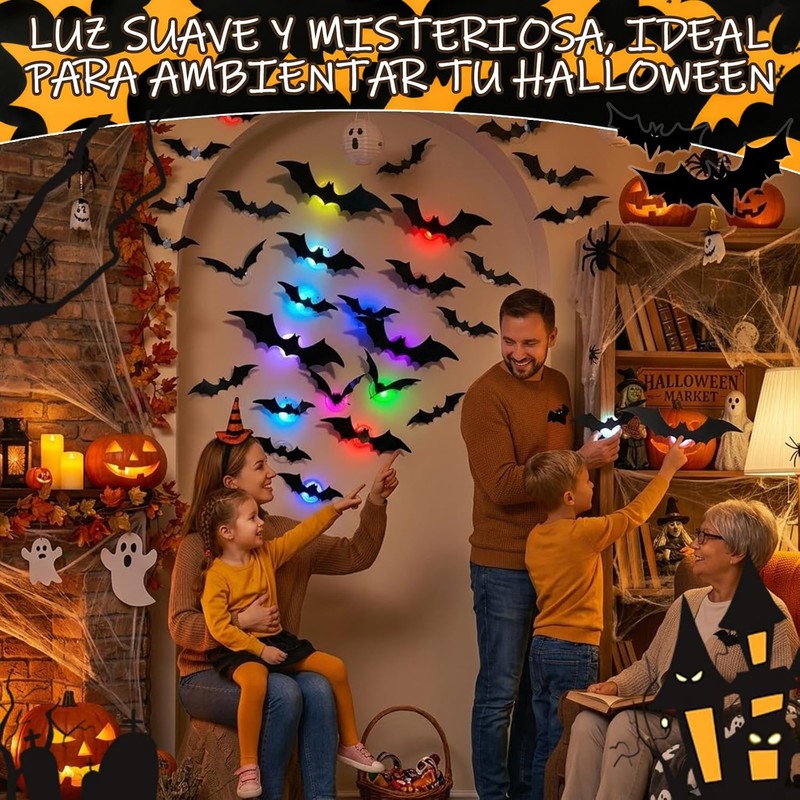 45pc Murciélagos decoración de halloween,murcielago de decoracion,murcielagode halloween,4 Tamaño,3D,Luminoso,PVC Impermeable,Murciélagos