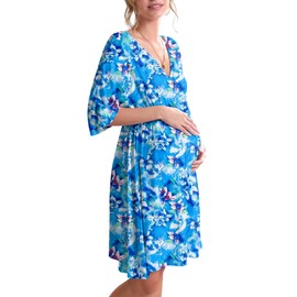 Ekouaer 3 in 1 Labor/Delivery/Hospital Gown Maternity Dress Nursing Nightgown Sleepwear for Breastfeeding, Aqua Blue Floral, Large