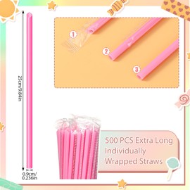 Gerrii 500 Pcs Pink Individually Wrapped Straws 10" Extra Long 6 mm Plastic Drinking Straws Disposable for Party Restaurant Home Milkshakes Coffee Juice Beverage Smoothie
