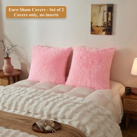 26x26 Fluffy Faux Fur Euro Throw Pillow Covers, Set of 2 Shaggy Fuzzy Comfy Euro Sham Covers with Zipper, Luxury Plush Furry Large Square Cushion Pillow Cases Bed Couch Sofa Chair Office, Pink