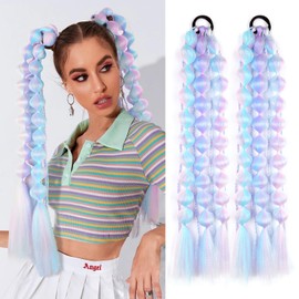 LyoRuSi 2 Pcs 22 Inch Lightweight Bubble Ponytail Extensions, Fiber Mix Four Silky Colorful Braids with Hair Tie, Crazy Hair Day, Festival Rave Accessories for Girls (Pink/Blue/Purple/Light Cyan#)