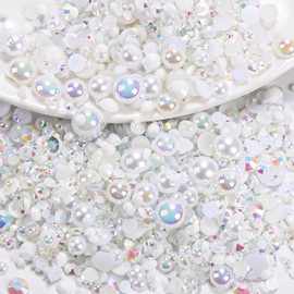 AB-Color White Resin Rhinestones and Nail Art Pearls Bulk, Resin Rhinestones and Half Pearl for Bedazzling Gems, Mix Sizes Pearls for Crafting Nails Face Eyes Makeup Body DIY Decor Crafts