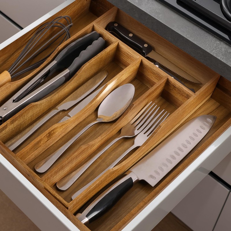 oridom Expandable Acacia Kitchen Drawer Organizer for Cutlery and Utensils,