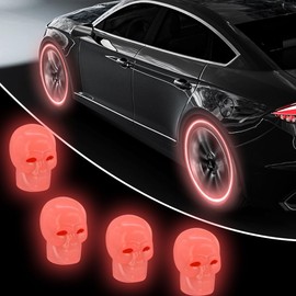 4PCS Skull Luminous Car Tire Valve Stem Caps, Fluorescent Tire Pressure Caps, Glow in The Dark Corrosion Resistant Tire Air Valves Stem Caps, Suitable for Car, SUV, Truck, Motorcycle (Red)