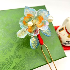 Rabithenn Rosa Orange with Leaves Hairpin Chinese Hanfu and Han Style Hair Retro Flower with Metal Handmade Hair Clip Hair Accessories for Women Girls Long Hair (Rosa Orange)