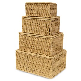 RoyalHouse Woven Stackable Storage Baskets with Lid, Decorative Rope Organizer Bin - Set of 4 (4 Sizes), Beige (No Liner)