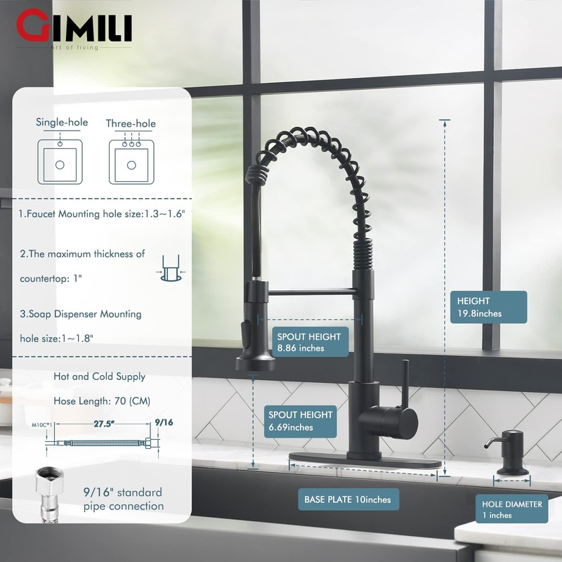 GIMILI Matte Black Kitchen Faucet with Soap Dispenser, Commercial Single