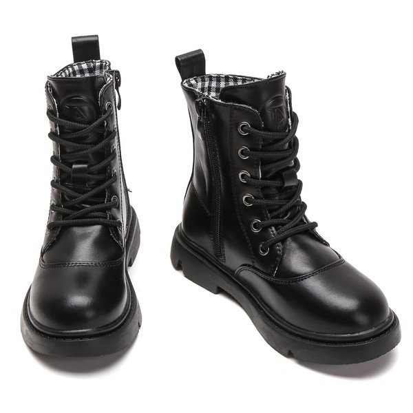 DADAWEN Boys Girls Waterproof Lace Up Mid Calf Combat Boots With Side Zipper for Toddler/Little Kid/Big Kid Black US Size 3 M Big Kid