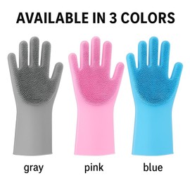 Rainbow Furnishings Silicone Gloves with Built-in Scrubbing Bristles +2 Wire Mesh Dishwashing Scrubber Cloths Reusable Cleaning Gloves & Kitchen (Pink)