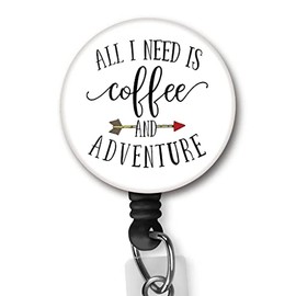 Yzkkbi All I Need is Coffee and Adventure Retractable Badge Reel ID Card Badge Holder with Alligator Clip Name Badge Holder Office Employee Name Badge