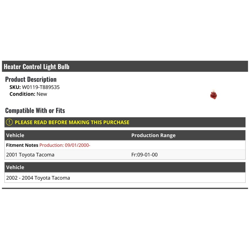 Heater Control Light Bulb - Compatible with 2001-2004 Toyota Tacoma