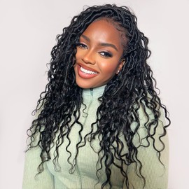 ToyoTress Boho Butterfly Locs With Human Hair Curls - 18 Inch 8 Packs Natural Black Hand Twisted Pre-Looped Crochet Locs, Short Boho Faux Locs Crochet Braids Human Braiding Hair (18 Inch, 8P-1B)